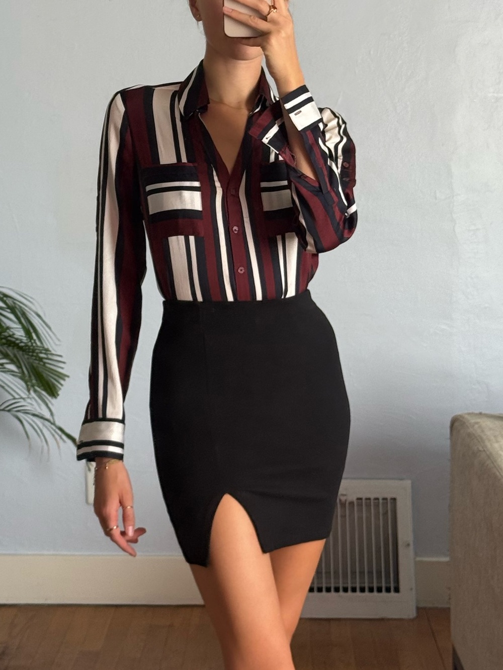 High-Waist Black Pencil Skirt with Front Slit